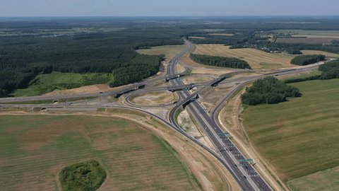 Overhead Drone Shot Highway Interchange Fields