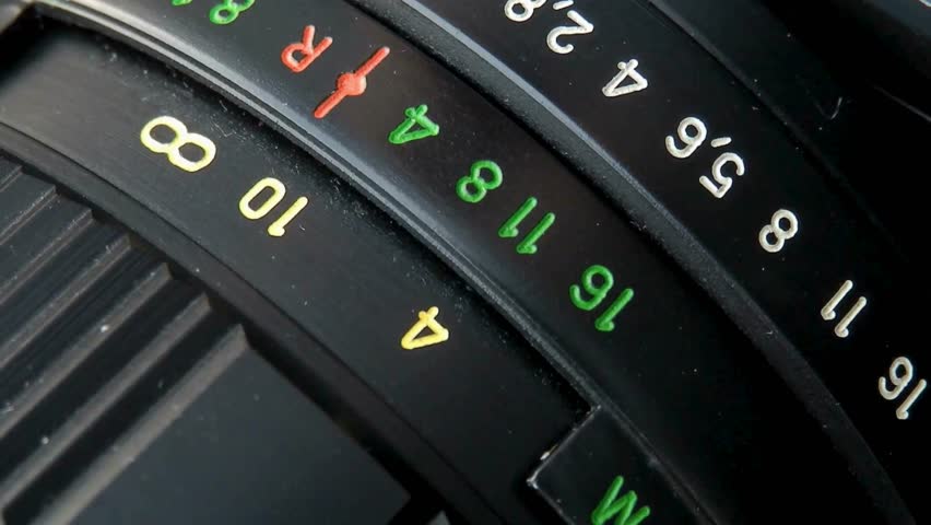 Detail on the lens scale of a film camera while the zoom wheel is turning. Macro-shot of a camera lens focus scale. Adjusts the camera Manual Aperture.