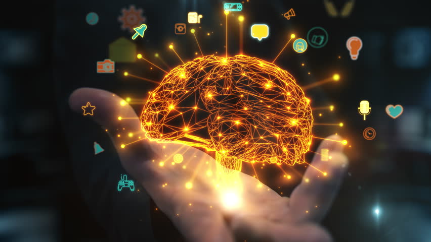 Hand holding glowing AI brain network technology