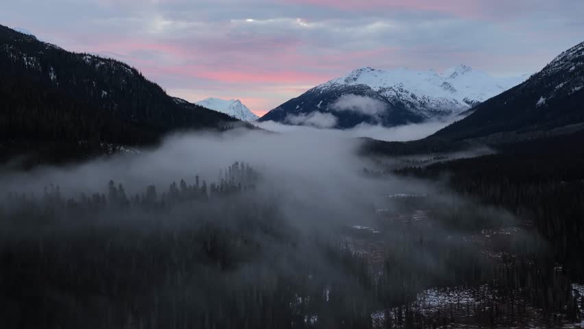 Pink Hues of Dawn Over Misty Mountain Valley and Pine Forest in British Columbia, Canada
