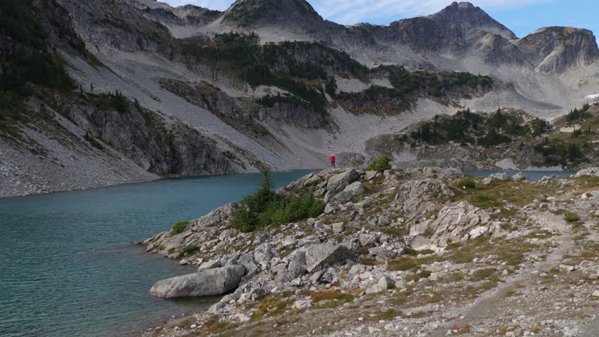 Majestic Mountain Landscape with a Lone Figure at a Turquoise Lake in British Columbia