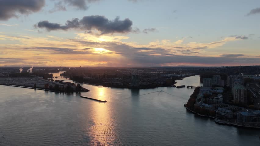 Aerial Panorama Of New Westminster Cityscape And Fraser River At Sunset, British Columbia, Canada