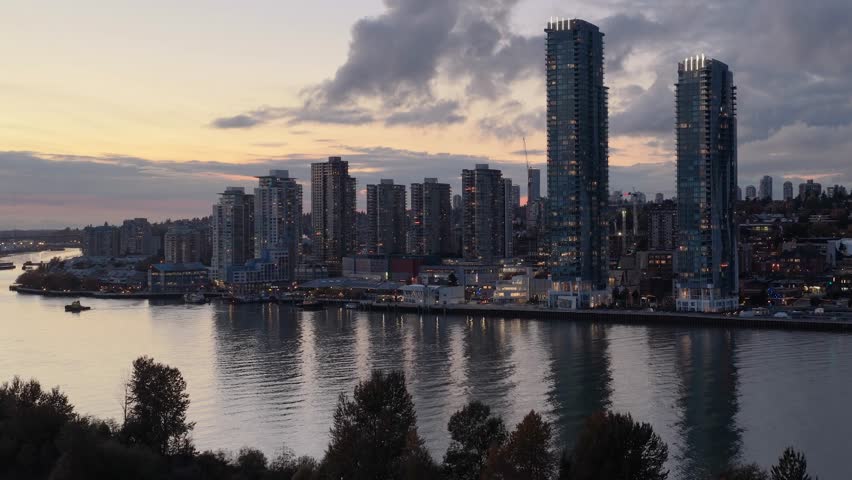 New Westminster Cityscape at Dusk Reflecting on Fraser River, British Columbia, Canada