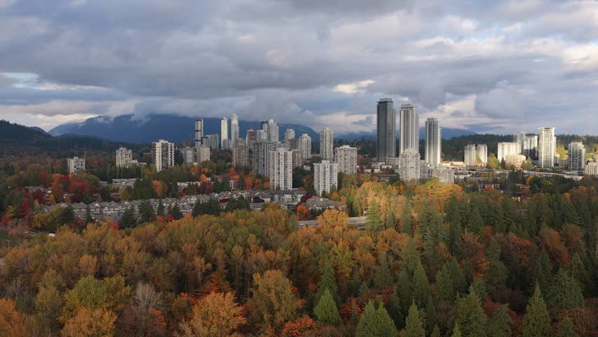 Aerial View of Burnaby, British Columbia Cityscape and Autumn Forest with Mountains Under Cloudy Skies