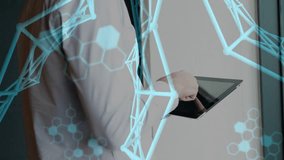 Man tapping tablet causing AR frame code and molecule models, analyzing tech data gazing out window. Holographic, overlay, visualization, hexagonal, futuristic, touchscreen, professional - Powered by Shutterstock - Get 15% off with code: PIKWIZARD15