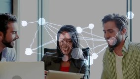 Center woman tapping tablet driving world map overlay moving while trio reviewing global business. Collaboration, teamwork, conference, office, laptop, device, screen - Powered by Shutterstock - Get 15% off with code: PIKWIZARD15