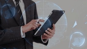 Adult male tapping tablet top, initiating 3D holograms shifting and syncing while navigating data. Screen, touchscreen, gesture, holographic, interface, futuristic, studio - Powered by Shutterstock - Get 15% off with code: PIKWIZARD15