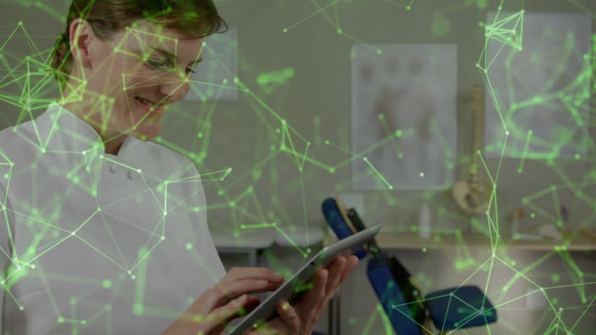 Female clinician tapping tablet to review patient chart, green circuit-tree overlaying clinic scene. Healthcare, medical, clinical, technology, digital, device, monitor - Powered by Shutterstock - Get 15% off with code: PIKWIZARD15