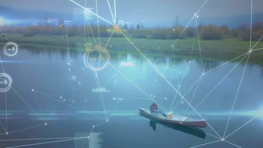 Man paddling in canoe on lake, left overlay spreading, clustering around canoe, mapping tech data. Holographic, visualization, tranquil, autumnal, shoreline, water, landscape