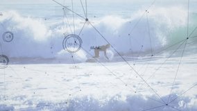 Male surfer dropping into rising shoreline wave HUD sports data tracking carving and keeping speed. Ocean, surfing, shortboard, athlete, outdoor, horizon, futuristic - Powered by Shutterstock - Get 15% off with code: PIKWIZARD15