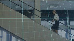 Business team ascending diagonal stair with woman stepping handrail, blue grid guiding to meeting. Escalator, professionals, atrium, corporate, glass, metal, multilevel - Powered by Shutterstock - Get 15% off with code: PIKWIZARD15