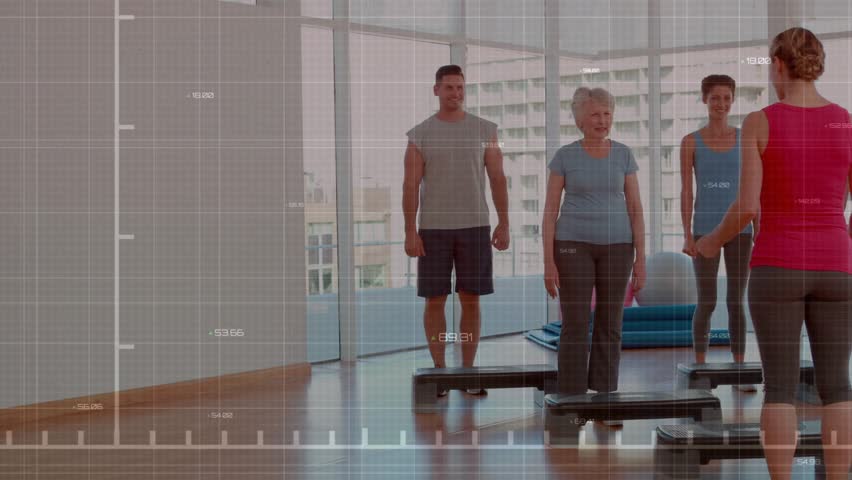 Instructor leading fitness step class, group stepping and balancing, red graph syncing with steps. Aerobics, cardio, balance, studio, cityscape, platforms, coordination