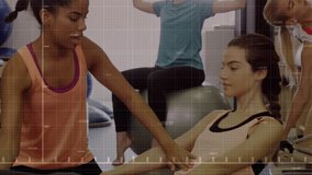 Trainer aiding client lifting knees for core, reformer moving, grid redline overlay guiding pilates. Fitness, class, studio, instructor, group, interaction, equipment - Powered by Shutterstock - Get 15% off with code: PIKWIZARD15