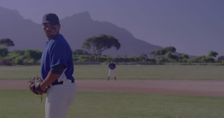 Baseball pitcher glancing to catcher, winding up and releasing ball to catcher with clear HUD map. Outfield, ballpark, motion, overlay, analytics, uniform, athleticism