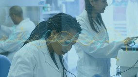 Female scientist checking tablet, starting pipetting with green rack, waveform guiding lab analysis. Collaboration, teamwork, research, science, benchtop, equipment, protocol - Powered by Shutterstock - Get 15% off with code: PIKWIZARD15