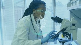 Woman researcher tapping tablet and peering into eyepiece, analyzing sample with DNA overlay moving. Microscope, laboratory, scientist, gloves, labcoat, touchscreen, genetics - Powered by Shutterstock - Get 15% off with code: PIKWIZARD15