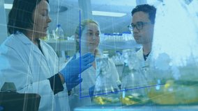 Lead female scientist reacting to rising bar chart overlay, gesturing, linking data to lab vials. Collaboration, teamwork, laboratory, visualization, holographic, glassware, reagents - Powered by Shutterstock - Get 15% off with code: PIKWIZARD15