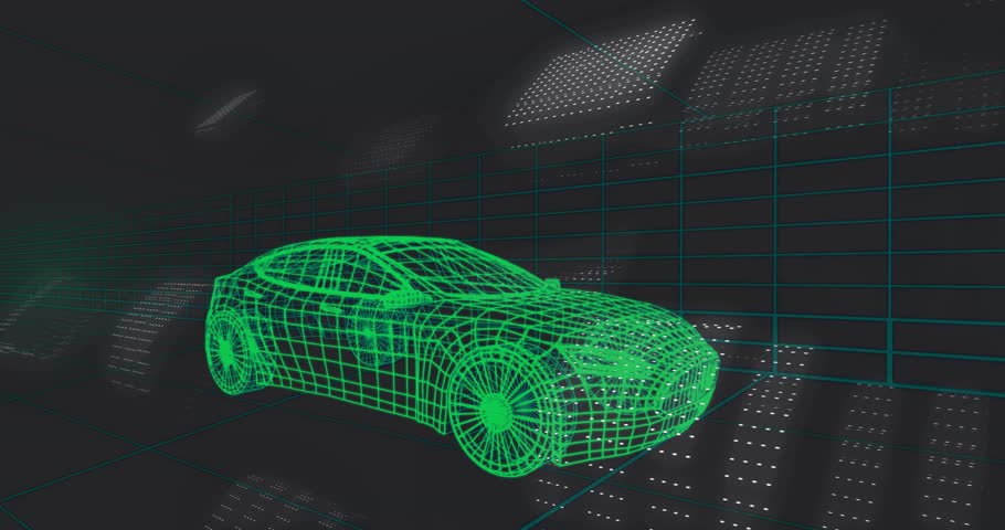 Neon wireframe sedan floating in dark space as binary panels approaching overlaying data for demo. Car, glow, grid, cyan, mesh, tiles, matrix