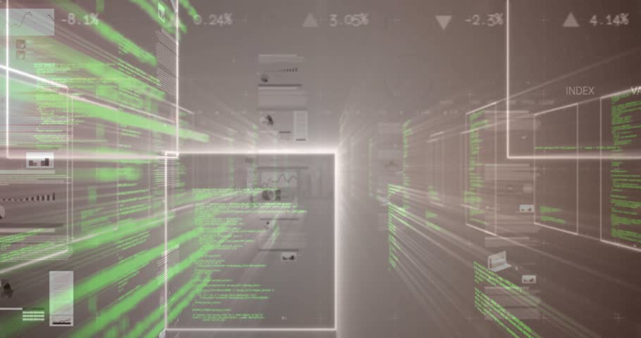 Green code surging sparking central data tunnel moving to viewer, panels showing charts and depth. Cyberspace, interface, neon, holographic, motion, graphs, widgets