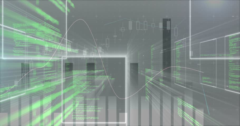 Data corridor spawning from green code pulse, flying forward, bars shifting, visualizing analytics. Neon, tunnel, abstract, kinetic, panels, frames, glyphs
