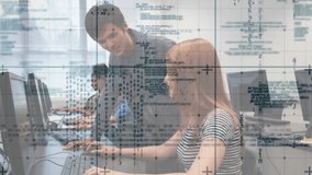 Female student typing in tech lab, male tutor pointing at monitor, guiding coding with code overlay. Instructor, programming, mentorship, learners, classroom, workstations, collaboration - Powered by Shutterstock - Get 15% off with code: PIKWIZARD15