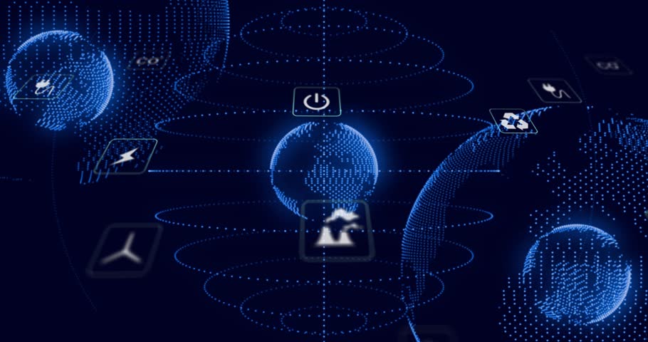 Camera zooming, central dotted globe rotating, icons aligning, rings showing energy flow. Sphere, orbit, cyberspace, visualization, neon, futuristic, parallax