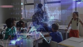 Teacher leaning forward and gesturing in class, causing data graphs rippling and engaging students. Holographic, charts, collaboration, edtech, classroom, windows, groupwork - Powered by Shutterstock - Get 15% off with code: PIKWIZARD15