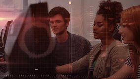 Male moving mouse guiding peers in computer lab, HUD overlay highlighting interactions for learning. Classroom, classmates, collaboration, teamwork, education, technology, monitors - Powered by Shutterstock - Get 15% off with code: PIKWIZARD15