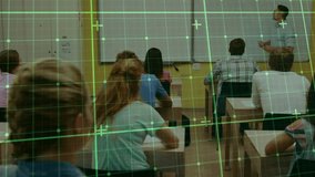 Teacher writing in class while student raising hand for help, teacher glancing, green grid scanning. Classroom, learners, instructor, whiteboard, overlay, augmented, notes - Powered by Shutterstock - Get 15% off with code: PIKWIZARD15