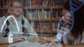 Tutor opening book and teaching for education while student tracing, DNA helix and graph overlay. Twoshot, library, textbook, study, mentor, learner, collaboration - Powered by Shutterstock - Get 15% off with code: PIKWIZARD15