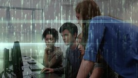 Lead entering and leaning over, guiding team through tech task, mousing, green overlaying screen. Mentoring, collaboration, monitor, workstation, training, learning, coaching - Powered by Shutterstock - Get 15% off with code: PIKWIZARD15