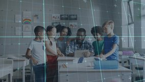 Teacher tilting tablet, students leaning and pointing at book, learning, teal grid crossing group. Classroom, collaboration, engagement, curiosity, daylight, rainbow, diversity - Powered by Shutterstock - Get 15% off with code: PIKWIZARD15