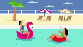 Summer Pool Party Fun with Women on Inflatables sign cartoon animation - Powered by Shutterstock - Get 15% off with code: PIKWIZARD15
