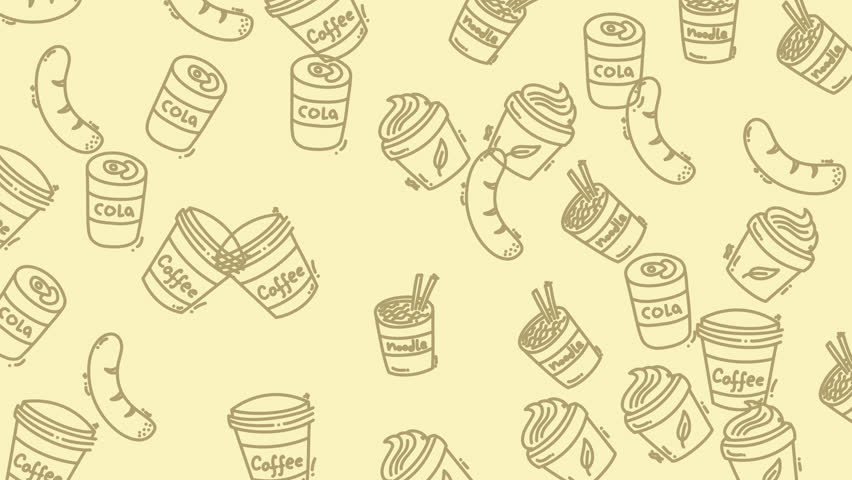 Coffee cups, cola cans, and sausage drawings on tan surface. Perfect for food and beveragerelated designs or promotional materials.