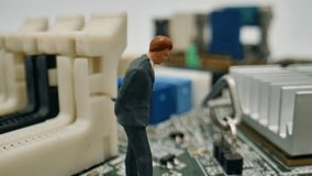 Miniature Businessman In A Suit Standing On A Detailed Computer Motherboard, Appearing To Inspect Electronic Components With A Macro Shot In Real-time Footage. - Powered by Shutterstock - Get 15% off with code: PIKWIZARD15