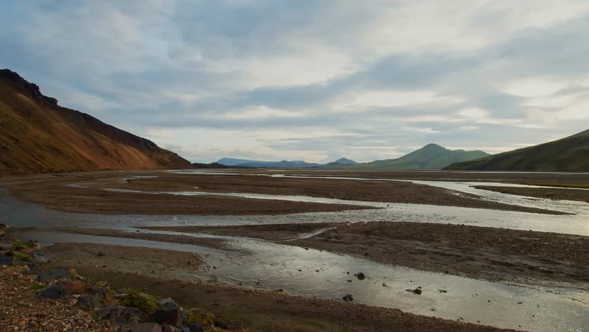 An aerial shot captures the stunning, rugged landscape of Landmannalaugar in the Southern Highlands of Iceland.