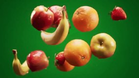 A vibrant mix of fresh fruits including apples oranges bananas and strawberries tumbles gracefully in slow motion against a green screen, - Powered by Shutterstock - Get 15% off with code: PIKWIZARD15