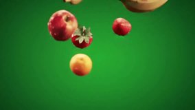 A vibrant mix of fresh fruits including apples oranges bananas and strawberries tumbles gracefully in slow motion against a green screen, - Powered by Shutterstock - Get 15% off with code: PIKWIZARD15