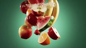 A vibrant mix of fresh fruits including apples oranges bananas and strawberries tumbles gracefully in slow motion against a green screen, - Powered by Shutterstock - Get 15% off with code: PIKWIZARD15