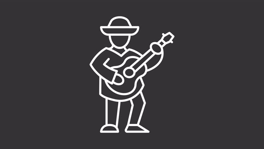 Animated Mexican mariachi white line icon. Guitar player performance animation. Musician street performer in sombrero. Folk music. Isolated element on dark background. Alpha transparent video