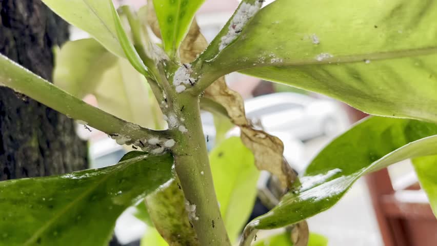 Close-up macro shot of a plant stem infested with a colony of white mealybugs and small ants, indicating a common garden pest problem.