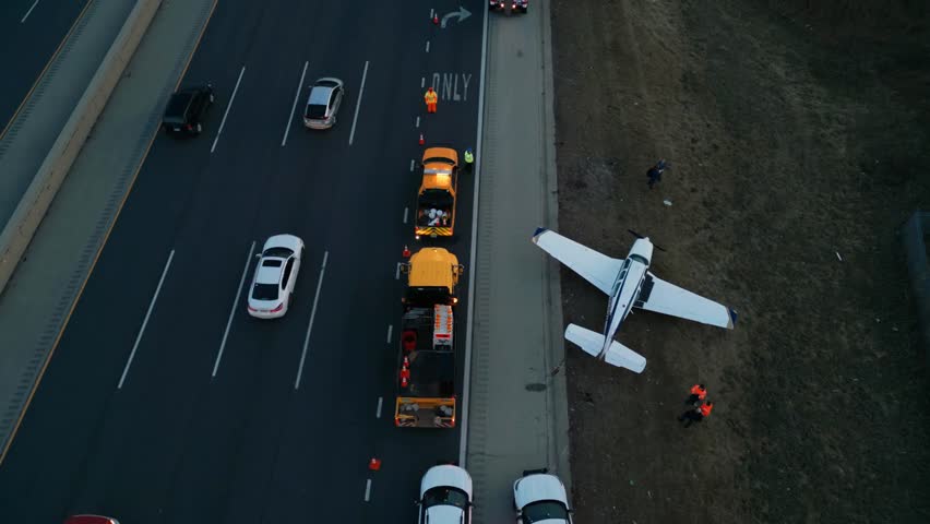 Aerial drone view of an airplane making an emergency landing on a highway, capturing vehicles, tense situation, and dramatic action from above in real time.