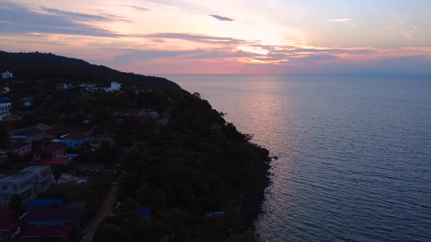 Sunset sky Koh Rong island Cambodia landscape aerial drone Southeast Asia
