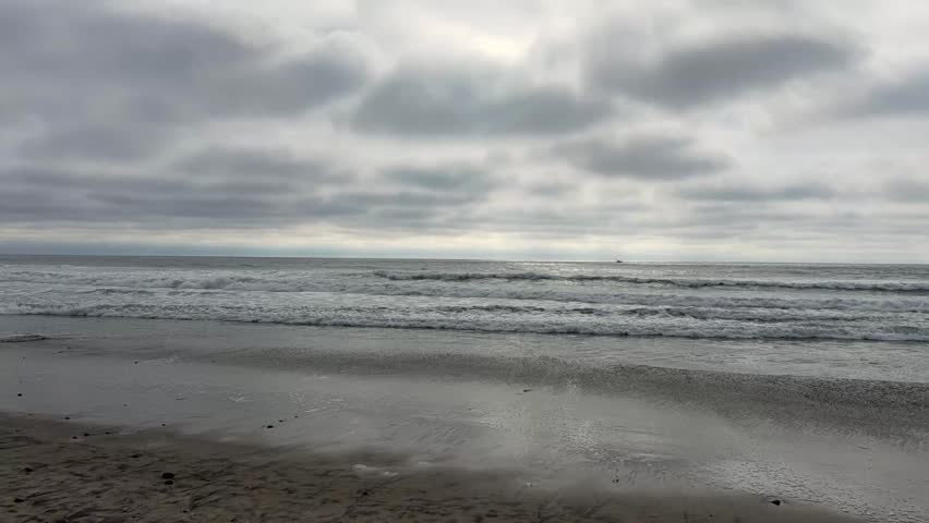 Timelapse of small waves in the Pacific Ocean in Oceanside California near San Diego CA in SoCal. Dark angry clouds moving quickly over the brown sandy beach.