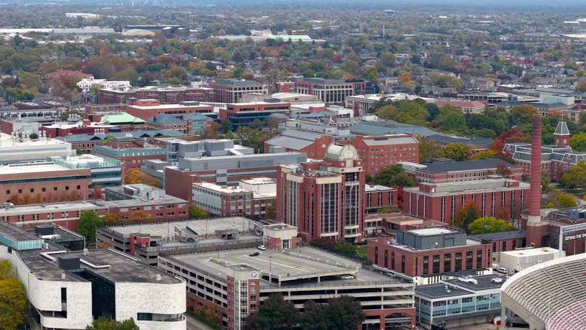 Aerial view of Ohio state university campus with many red academic buildings in Columbus, USA.