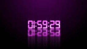 Neon digital clock timer countdown timer glowing purple abstract background with reflection futuristic technology concept - Powered by Shutterstock - Get 15% off with code: PIKWIZARD15