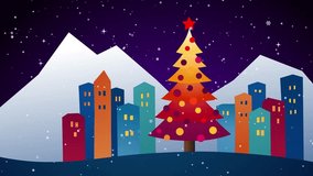 Decorated christmas tree with colorful city skyline and snowy mountains at xmas eve, snowfall and sparkling stars in a loopable flat vector animation - Powered by Shutterstock - Get 15% off with code: PIKWIZARD15