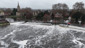 Marlow weir Slow motion 4K Water Marlow Buckinghamshire UK aerial drone - Powered by Shutterstock - Get 15% off with code: PIKWIZARD15