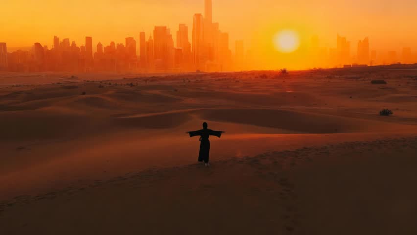 Aerial view of Arabic woman wearing in traditional UAE dress - abaya rising her hands on the sunset at a desert with Dubai city silhouette on the background.