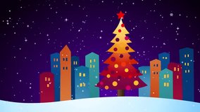 Decorated christmas tree with modern colorful city skyline and falling snow at xmas night, flat vector geometric design in seamless loop animation - Powered by Shutterstock - Get 15% off with code: PIKWIZARD15